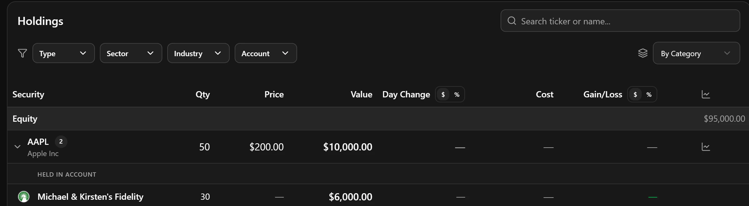 An anonymized Moo Money screenshot showing know what you own