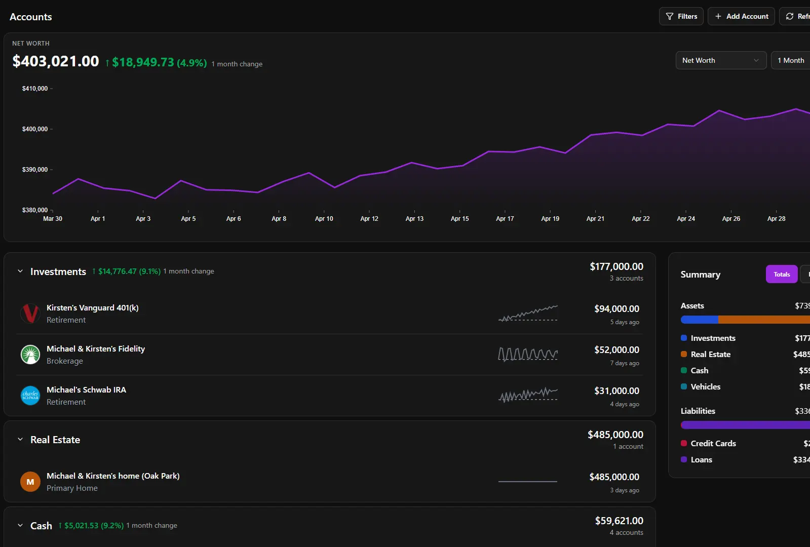 Moo Money account tracking preview in dark mode