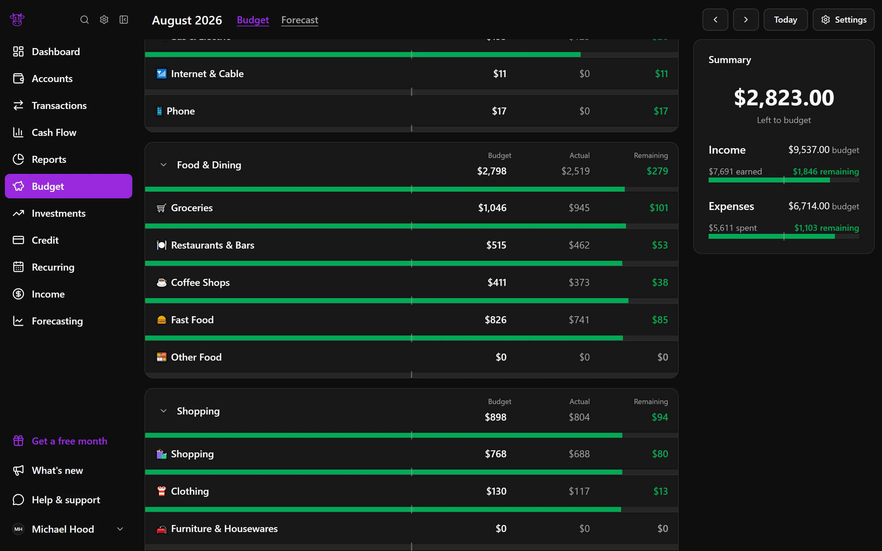 An anonymized Moo Money budgeting view in dark mode