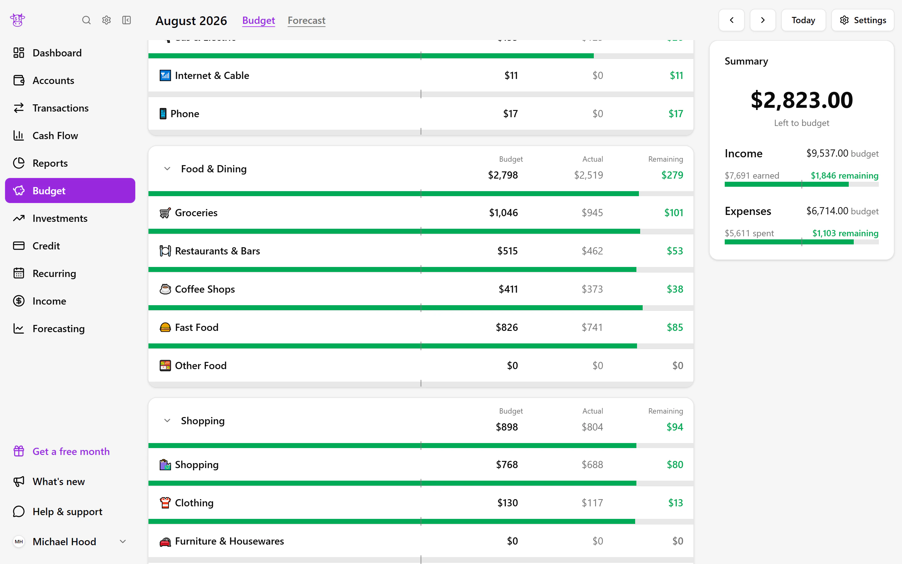 An anonymized Moo Money budgeting view