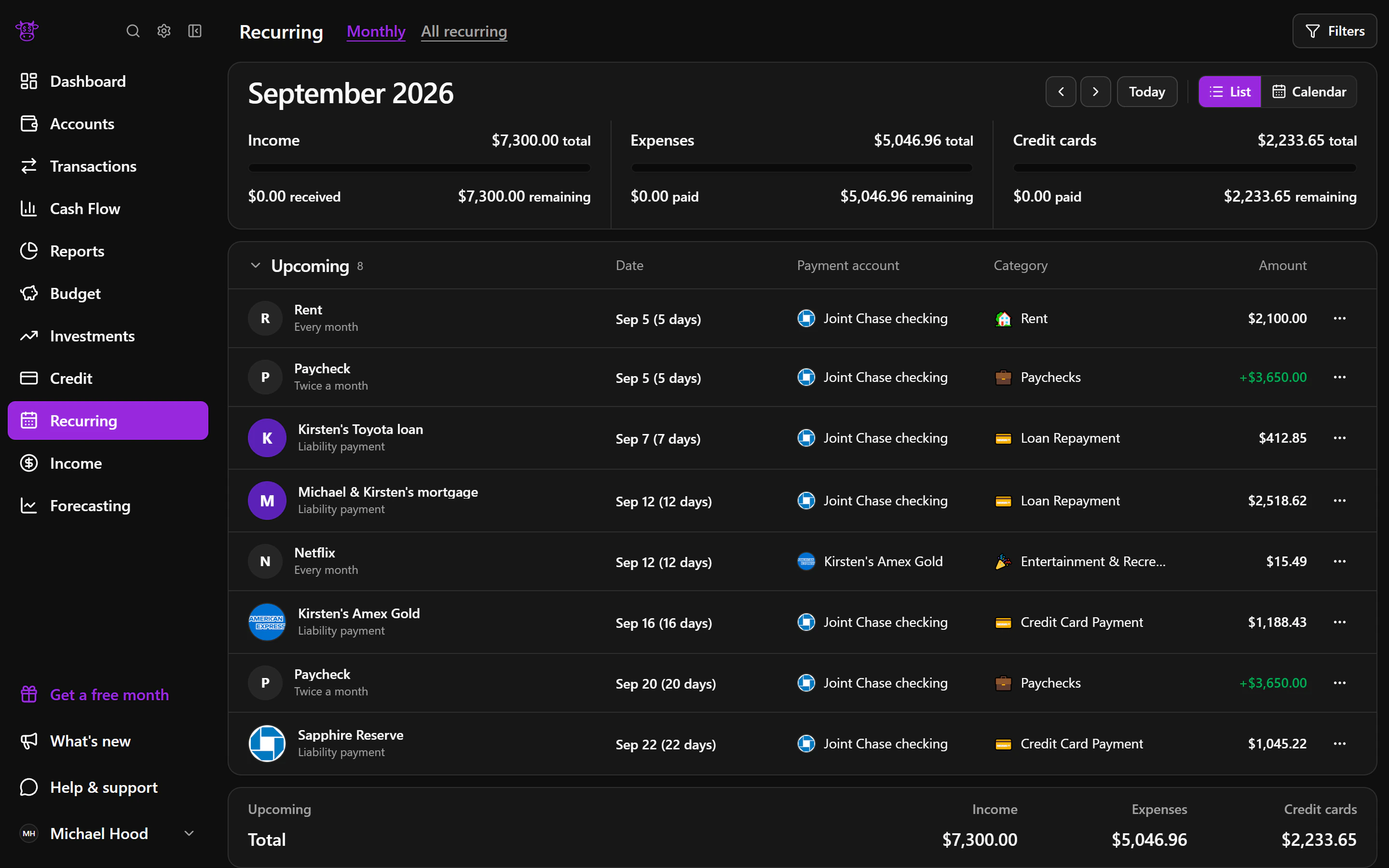 An anonymized Moo Money screenshot showing see upcoming bills and income before they arrive
