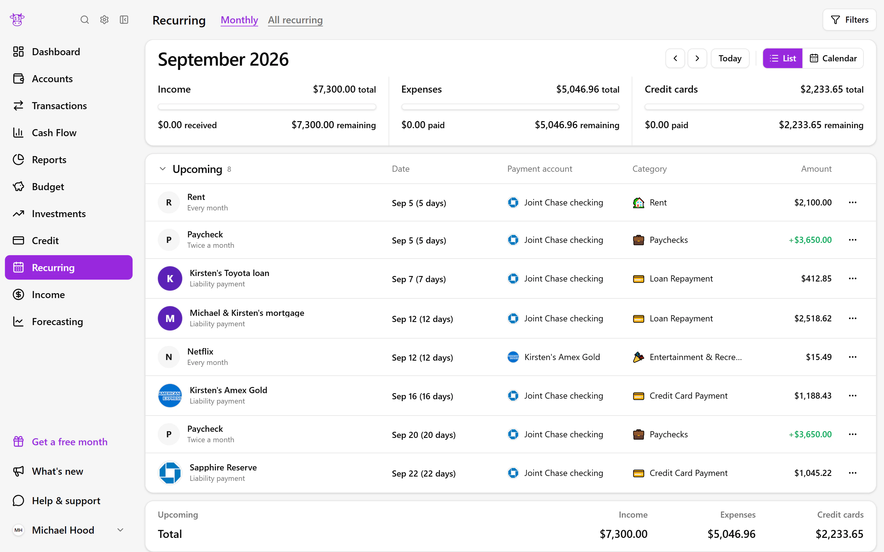 An anonymized Moo Money screenshot showing see upcoming bills and income before they arrive