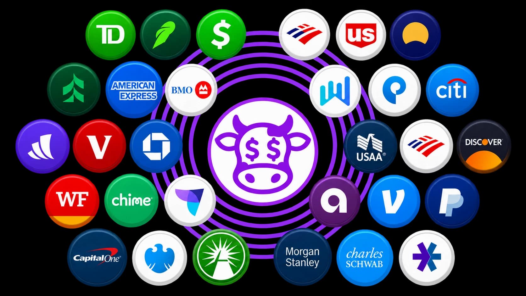 Moo Money surrounded by connected financial institutions