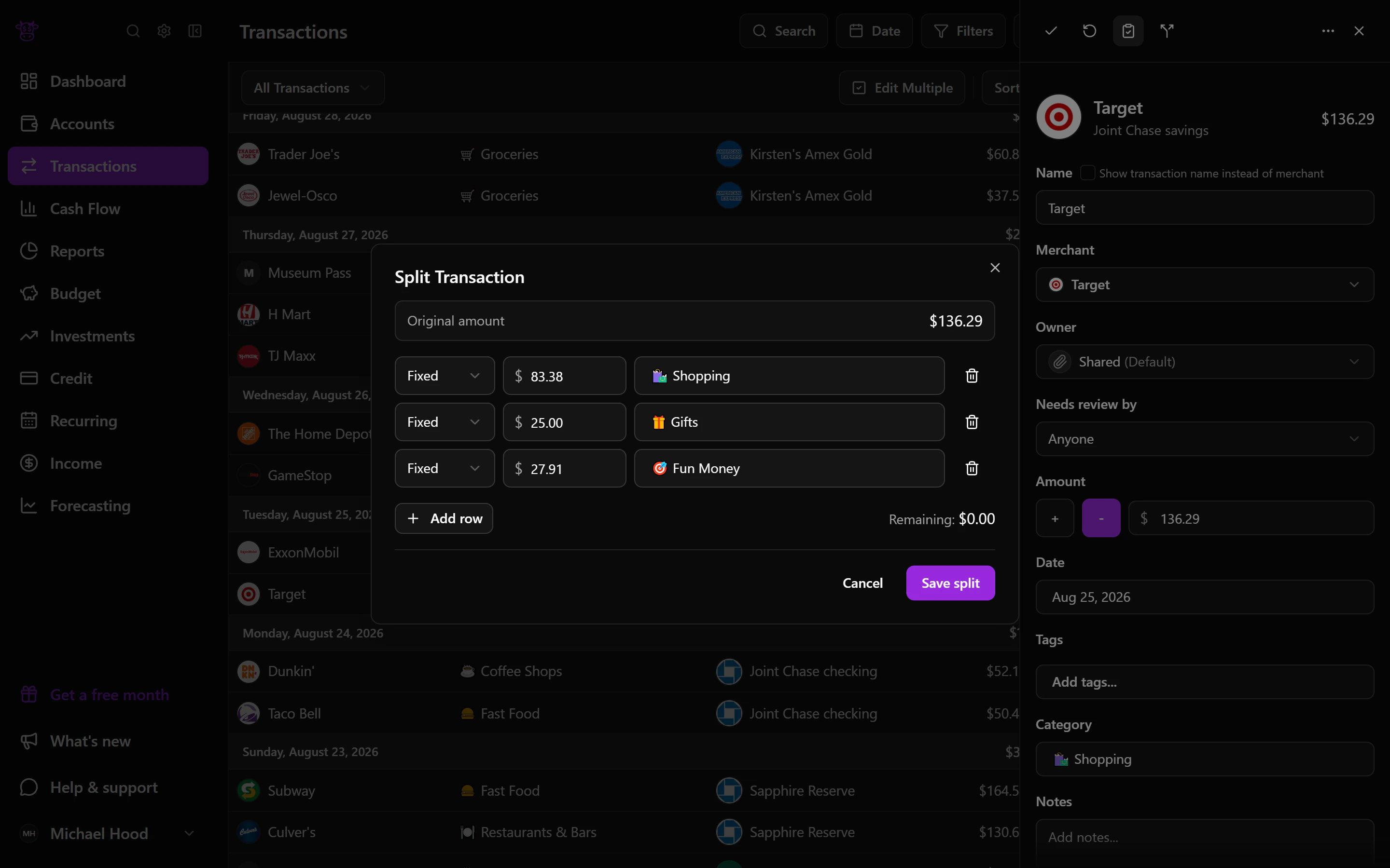 An anonymized Moo Money screenshot showing make one purchase reflect what you actually bought