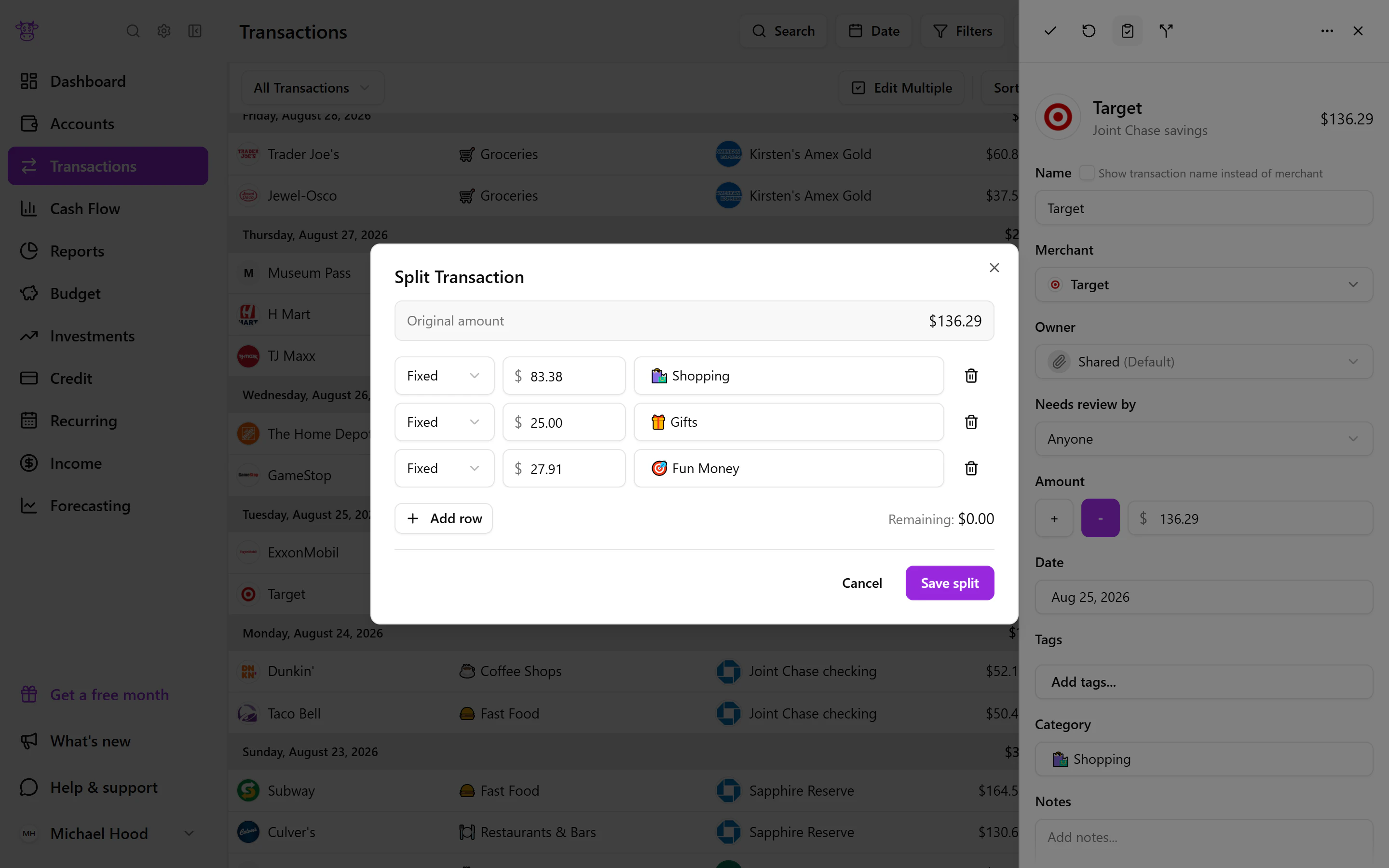 An anonymized Moo Money screenshot showing make one purchase reflect what you actually bought