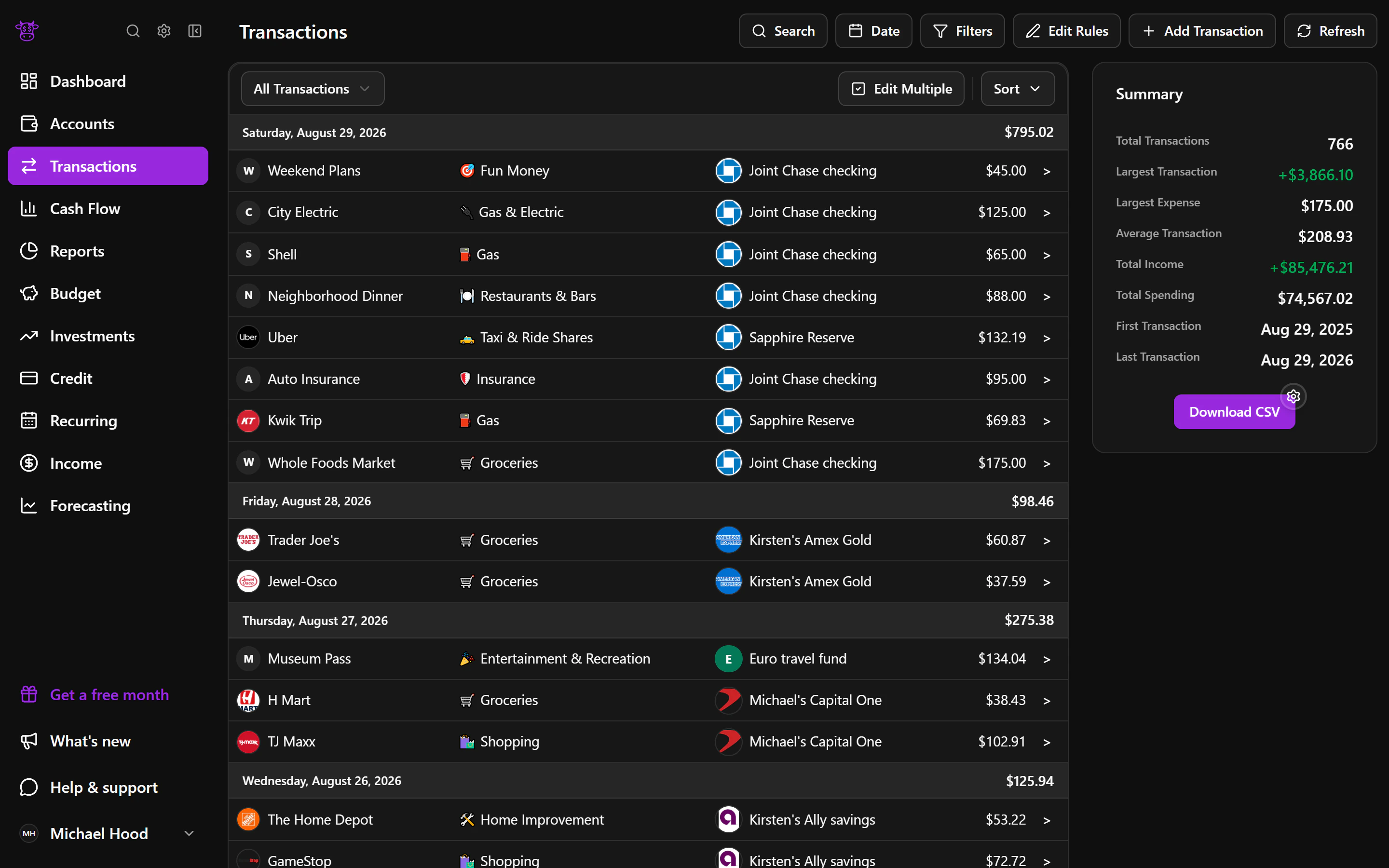 An anonymized Moo Money transactions view in dark mode